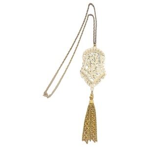 Vintage 1970’a Tassel Statement Necklace with White Enamel Center, Approx 18.5”